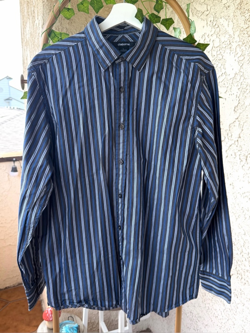 Claiborne Men's Navy and Light Blue Striped Dress Shirt